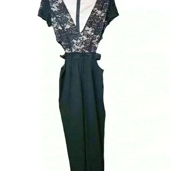 Monaco Lace Jumpsuit. Black V- Neck Low Cut - Picture 3 of 7